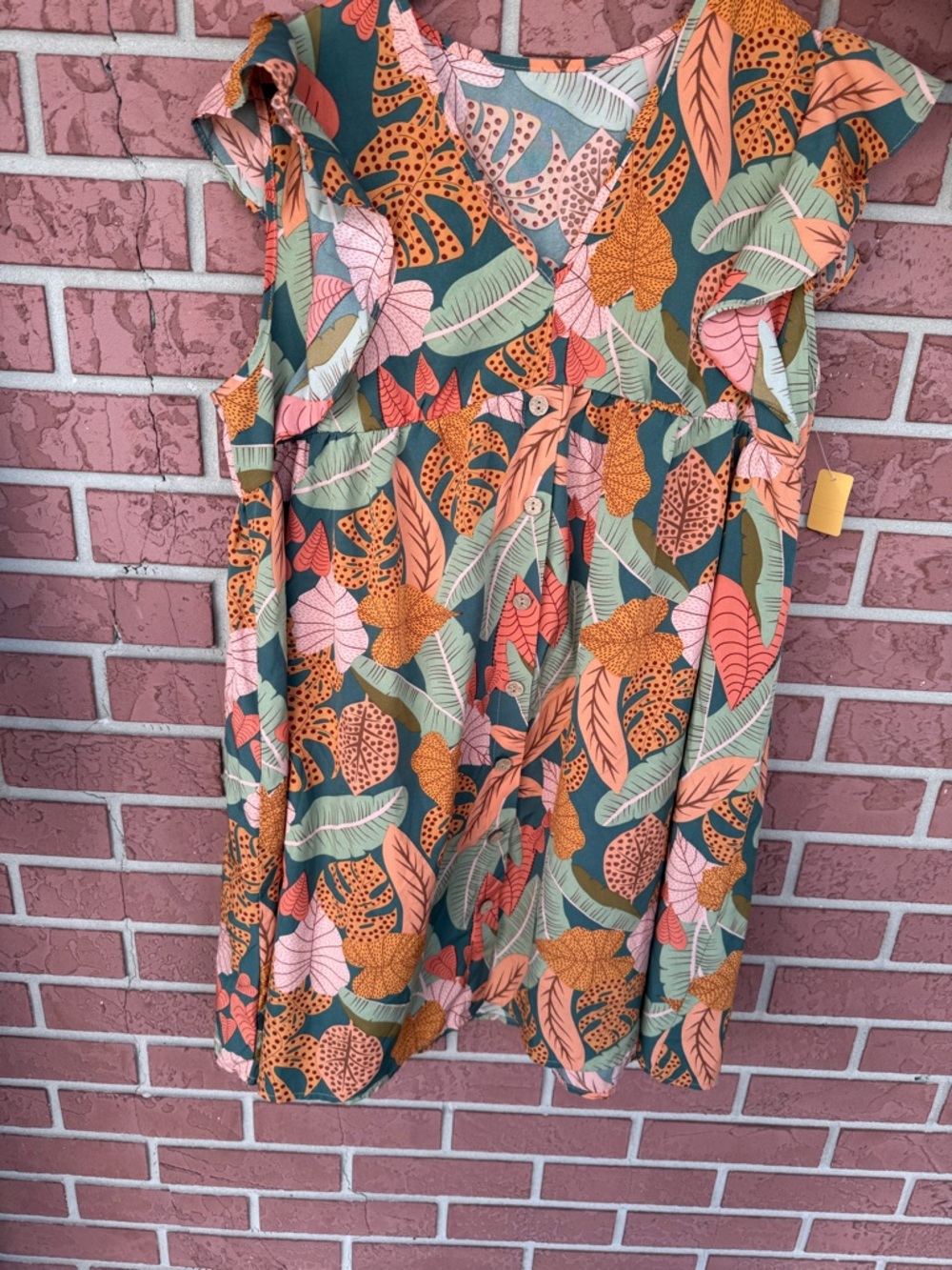 Tropical Leaf Print Flutter Sleeve Dress - Coral & Teal